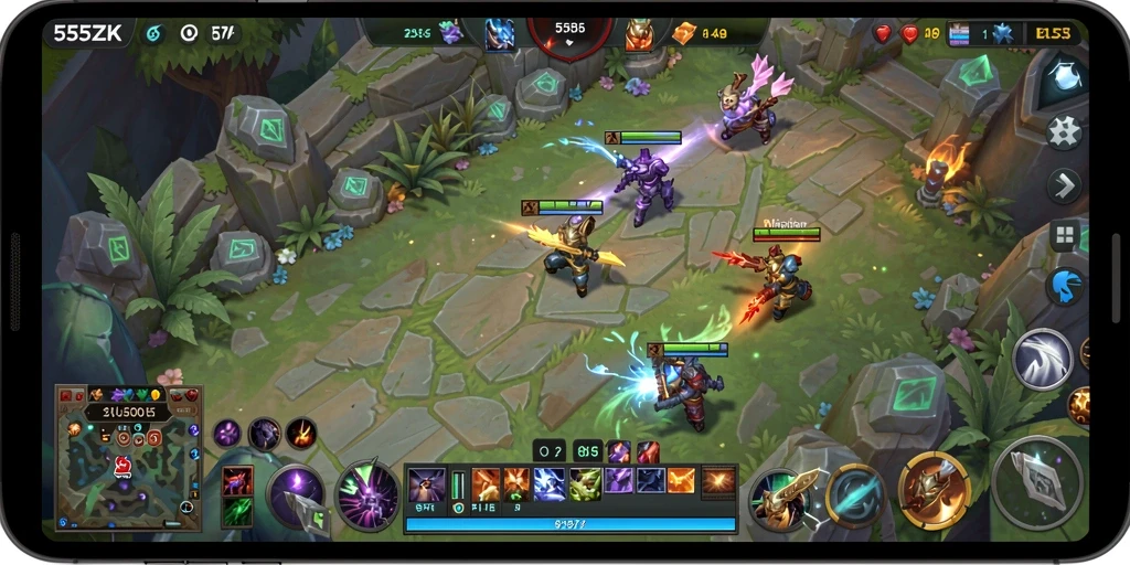 Tampilan aksi seru dalam game MOBA 555ZK dengan karakter yang beragam.