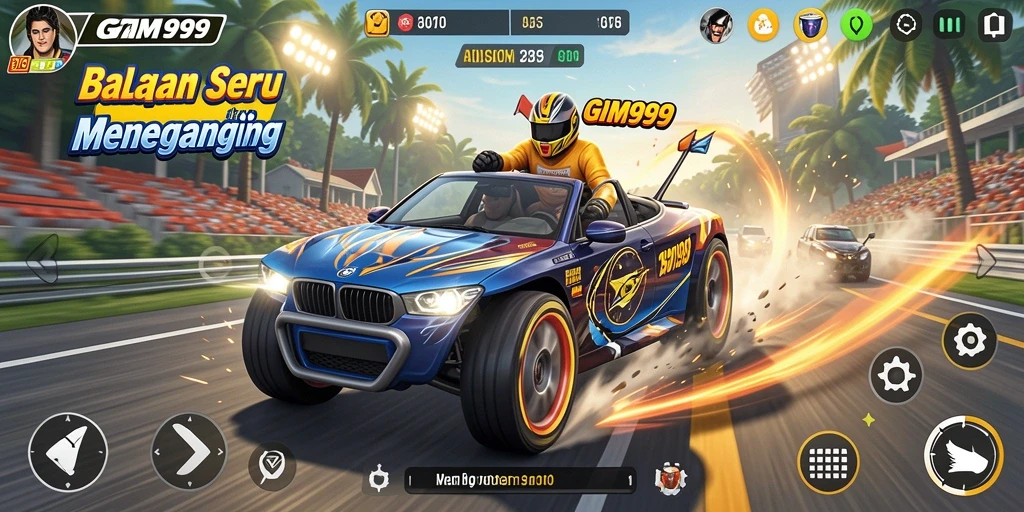 Tampilan gameplay GIM999 dengan aksi balapan yang mendebarkan.