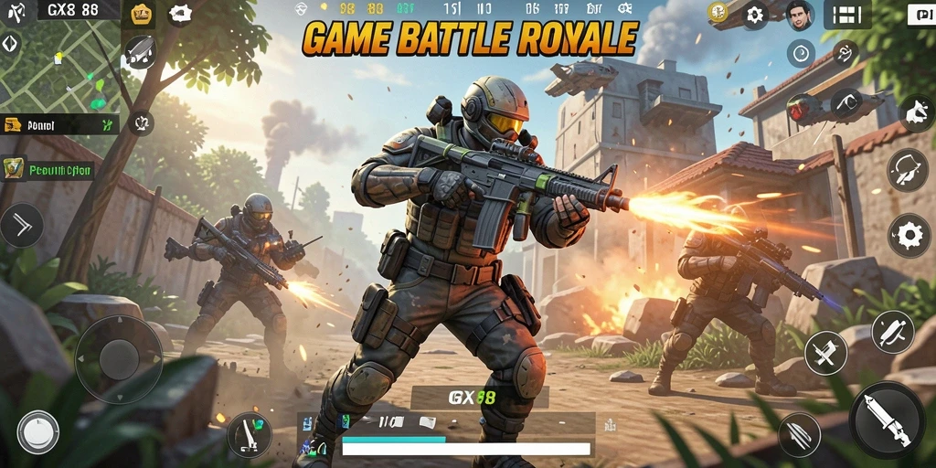 Tampilan gameplay seru dalam GX88 saat berperang di Battle Royale.
