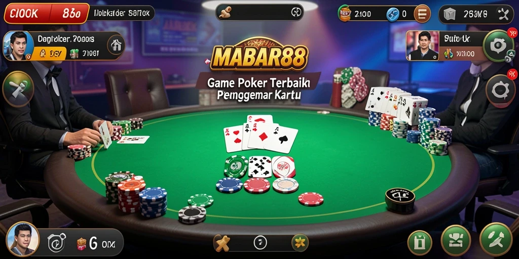 Tampilan gameplay seru di MABAR88 dengan suasana poker yang memukau.