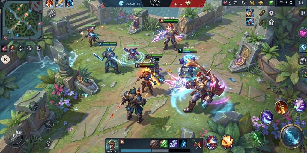 Screenshot utama PASAR123 menampilkan aksi seru di arena MOBA.