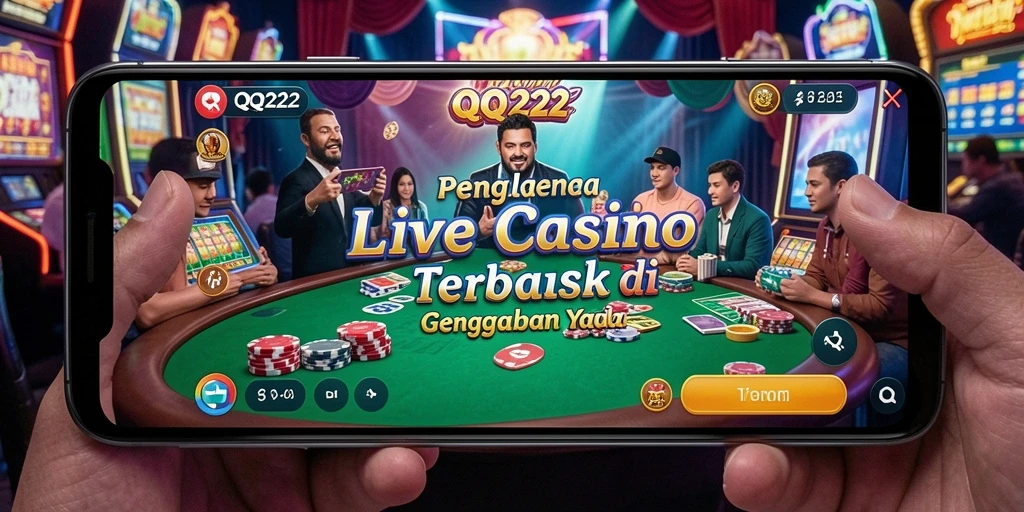 Screenshot gameplay QQ222 yang menampilkan dealer langsung dan suasana kasino.