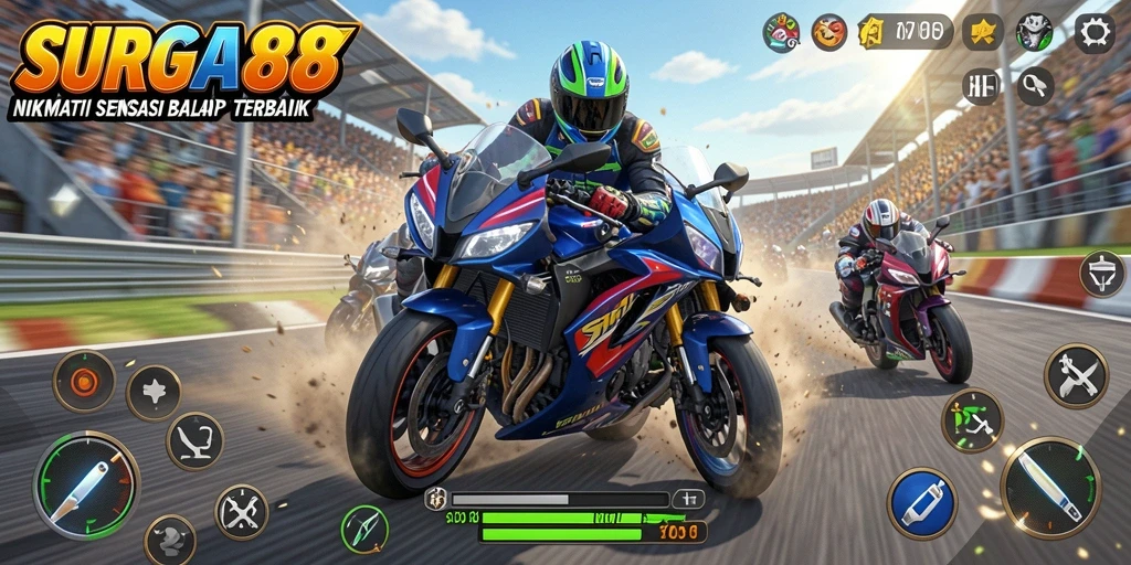 Gameplay seru dengan balapan motor yang mendebarkan.